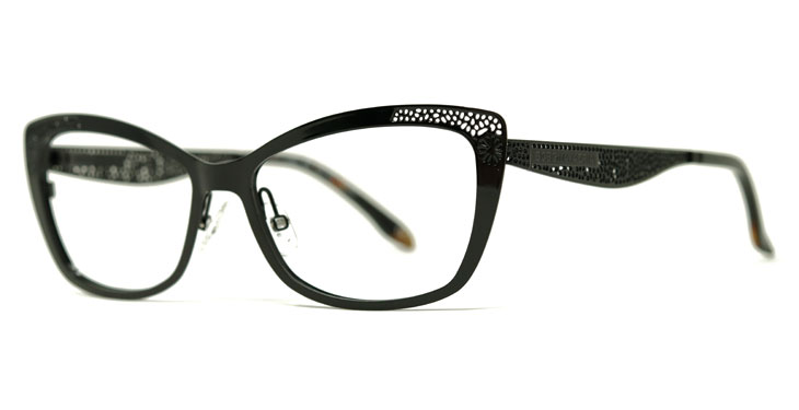 BCBGMAXAZRIA Beatriz Eyeglasses, Black Version with Cutout Shapes on Corners, Side View of the Frame