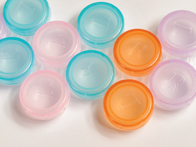 contact lenses cases, blue, orange, pink