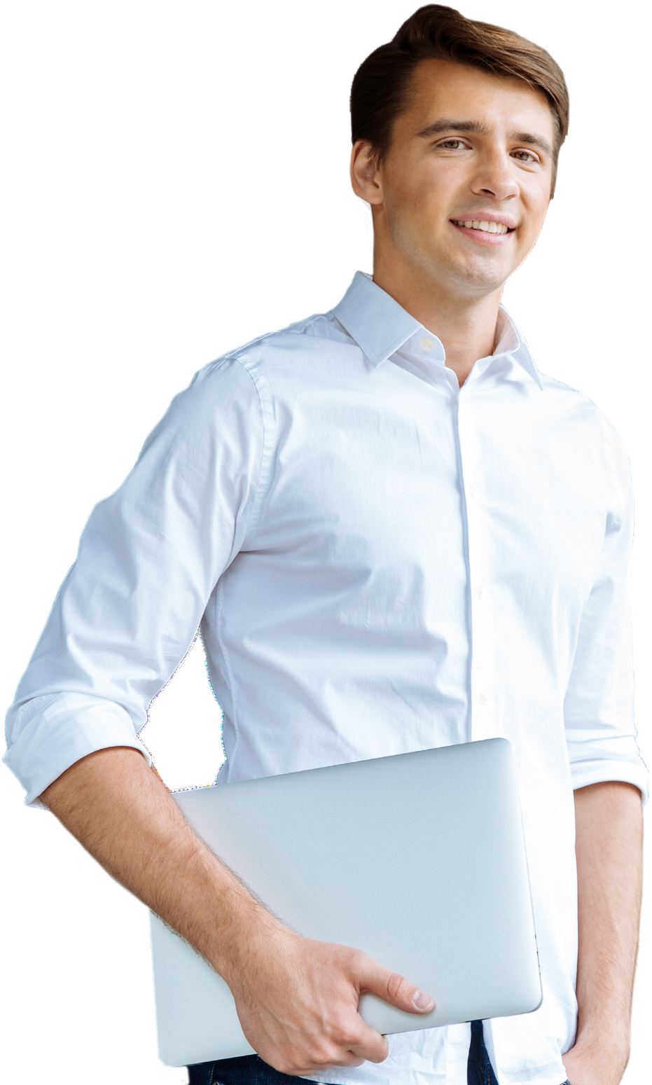 Team member holding laptop